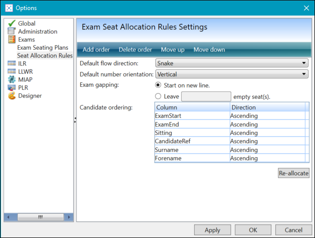 Exam Seat Allocation Rules Settings screen